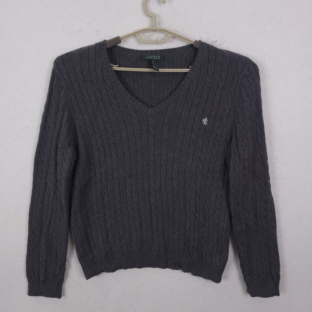 Lauren Ralph Lauren Sweater Womens XL Grey Cable Knit V-Neck Cotton RLL Logo